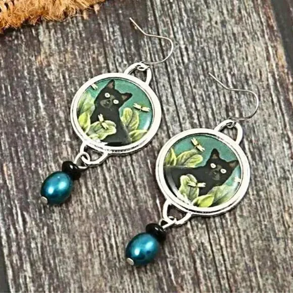 Black Cat Dragonfly Earrings Nature Boho Dangle Teal Bead Animal Lover Earrings - Picture 1 of 10